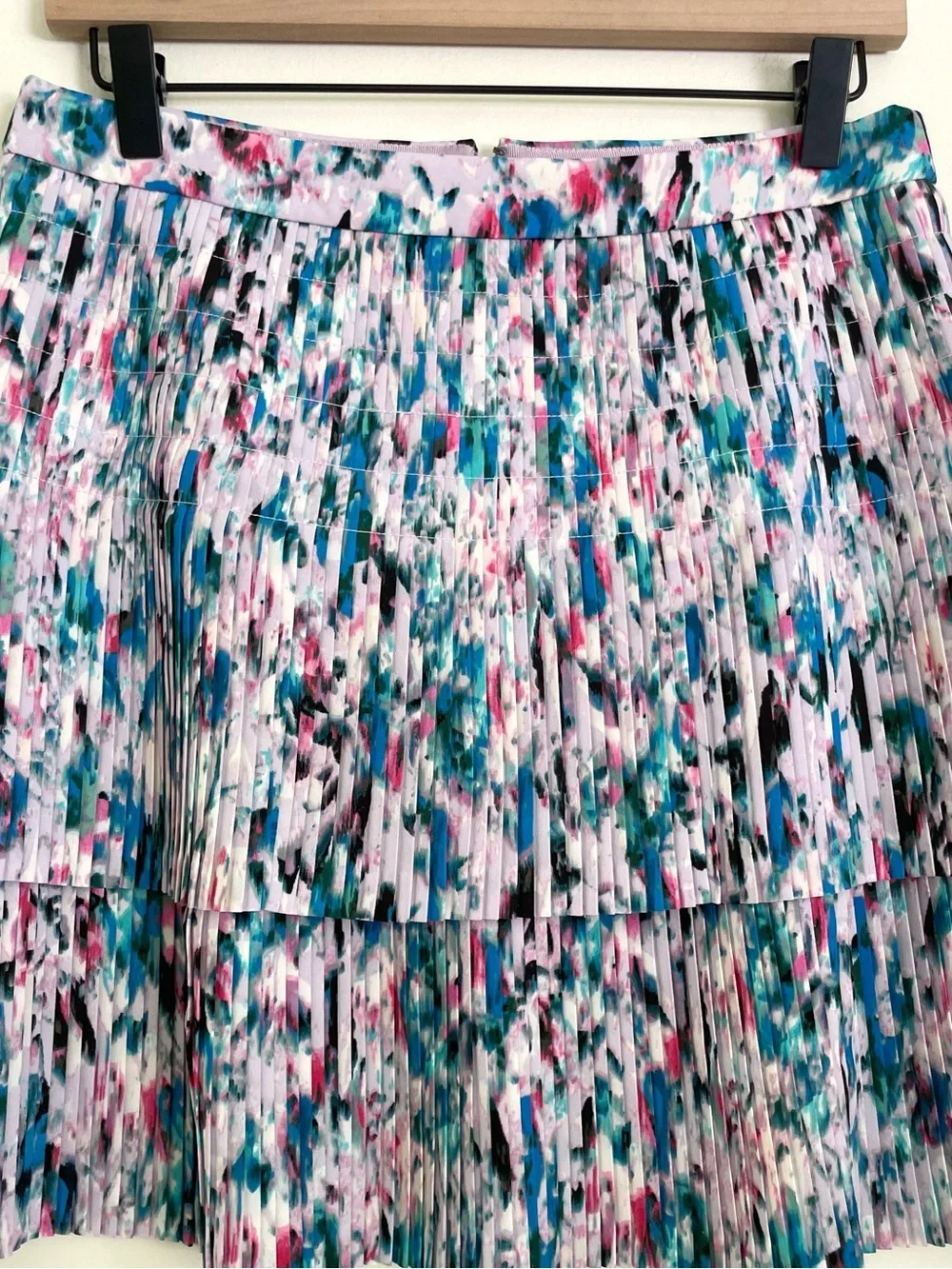J. Crew Tiered Watercolor Pleated Mini Skirt - Pink, Teal & Black